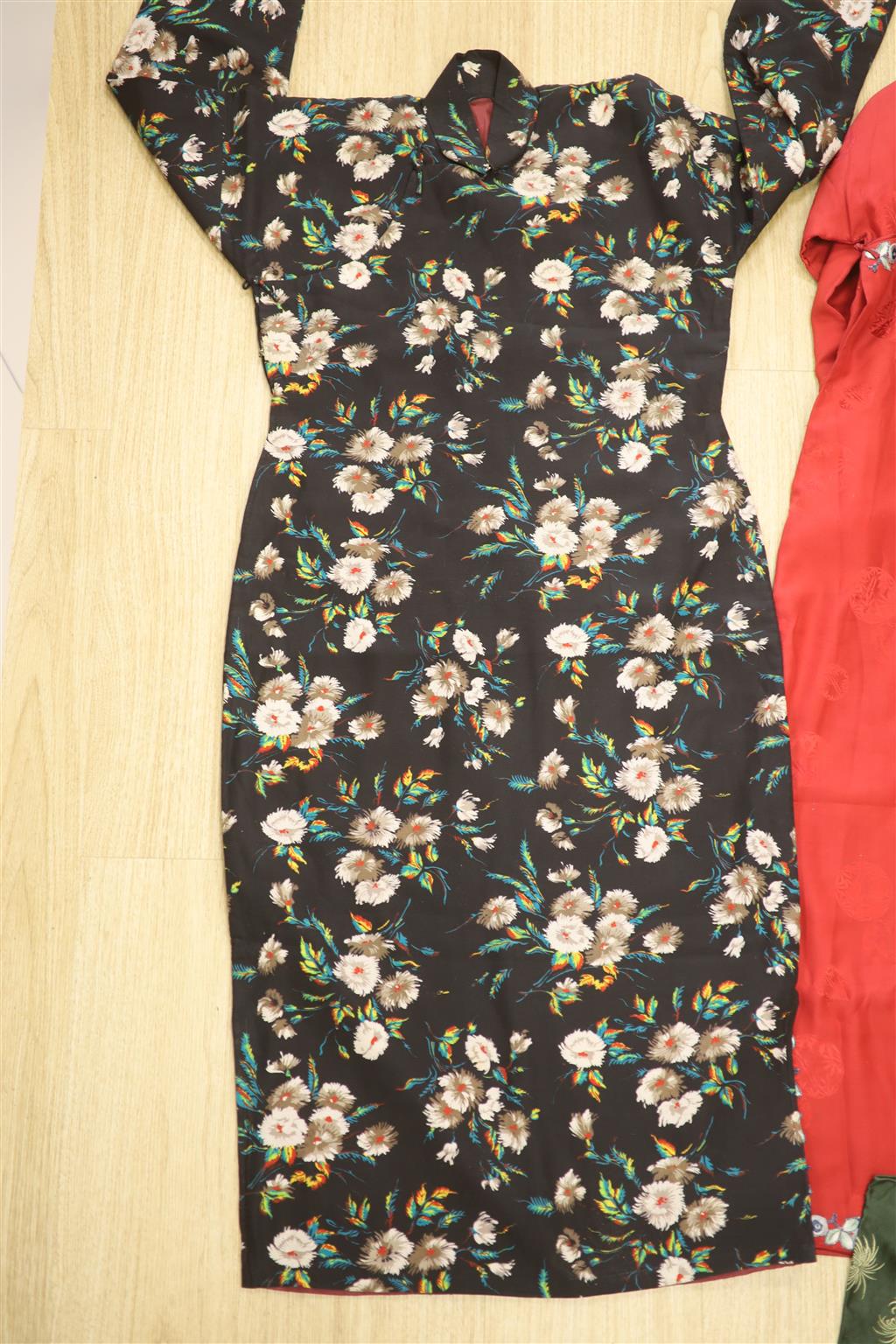 A red silk damask Chinese robe (altered), a 1950s jacket and a cotton dress
